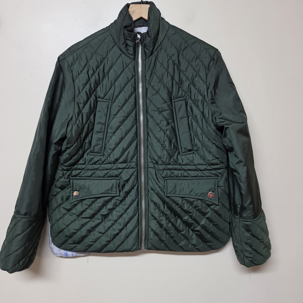 GANNI Women's Size 36 US 4 S Oversized Quilted Jacket Dark Green Zip Puffer